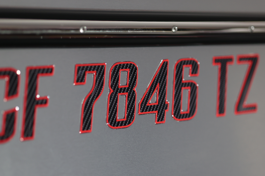 Boat Registration Stickers - Domed Carbon Fiber Numbers with Red Trim 16 PCS