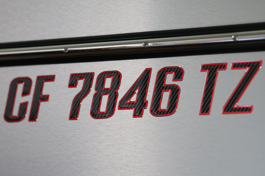 Boat Registration Stickers - Domed Carbon Fiber Numbers with Red Trim 16 PCS