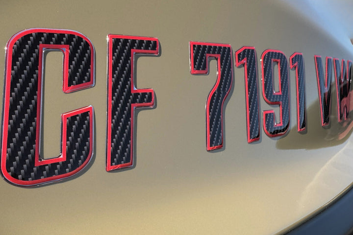 Boat Registration Stickers - Domed Carbon Fiber Numbers with Red Trim 16 PCS
