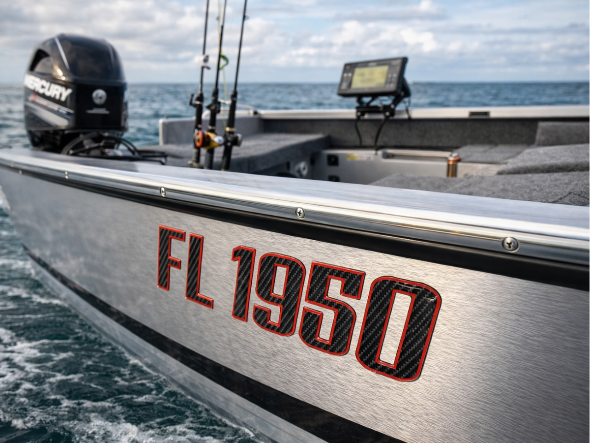 Boat Registration Stickers - Domed Carbon Fiber Numbers with Red Trim ...