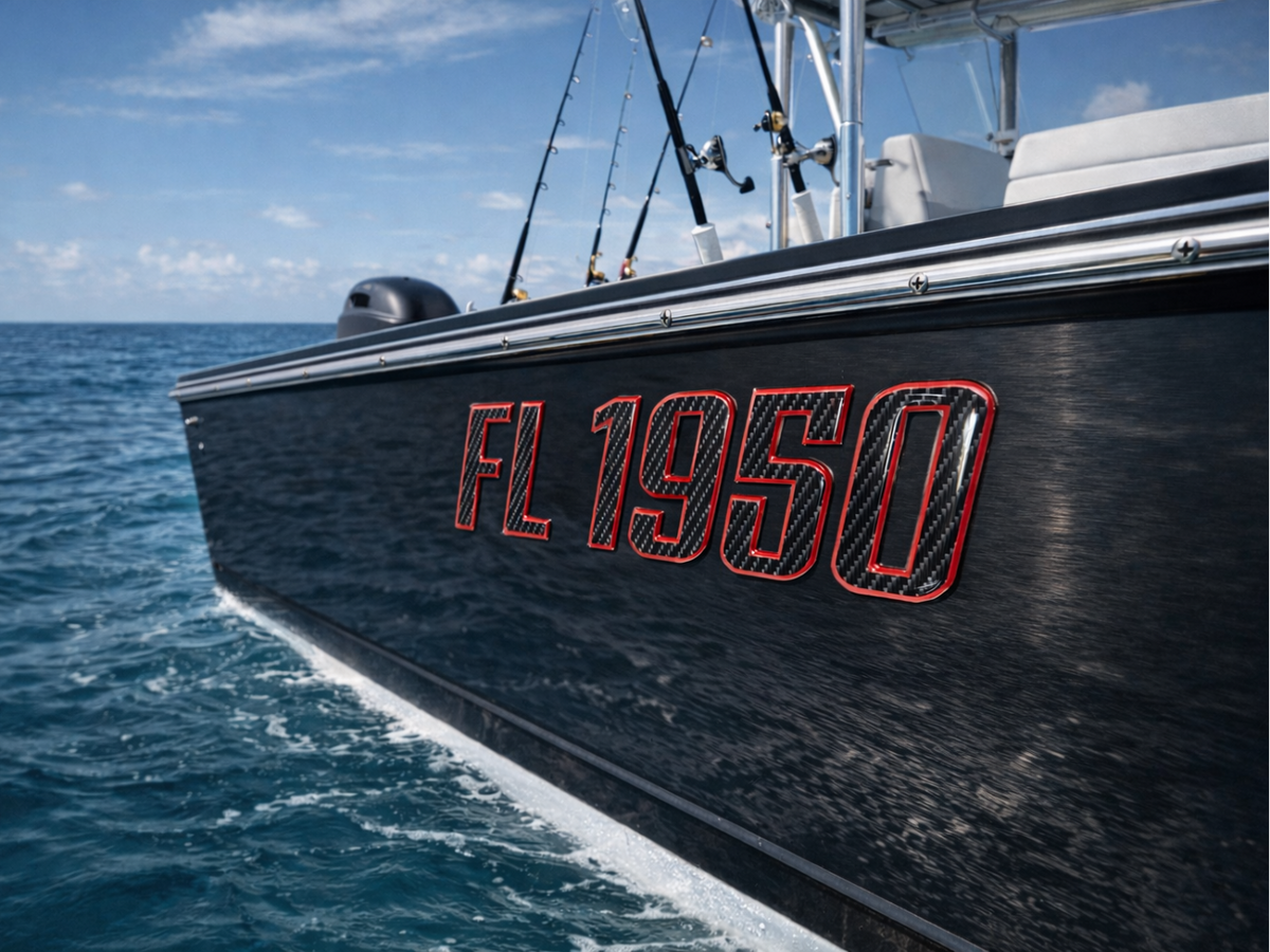 Boat Registration Stickers - Domed Carbon Fiber Numbers with Red Trim ...