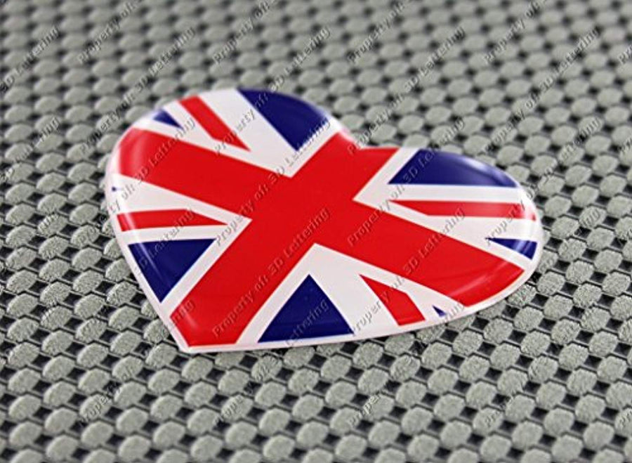 England UK Union Jack Heart Flag Raised Clear Domed Lens Decal 2.65"x 2.25"